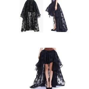 Black Floral Velvet-Flocked Layered Mesh Tulle Skirt High Low Ruffles Dark Fairy